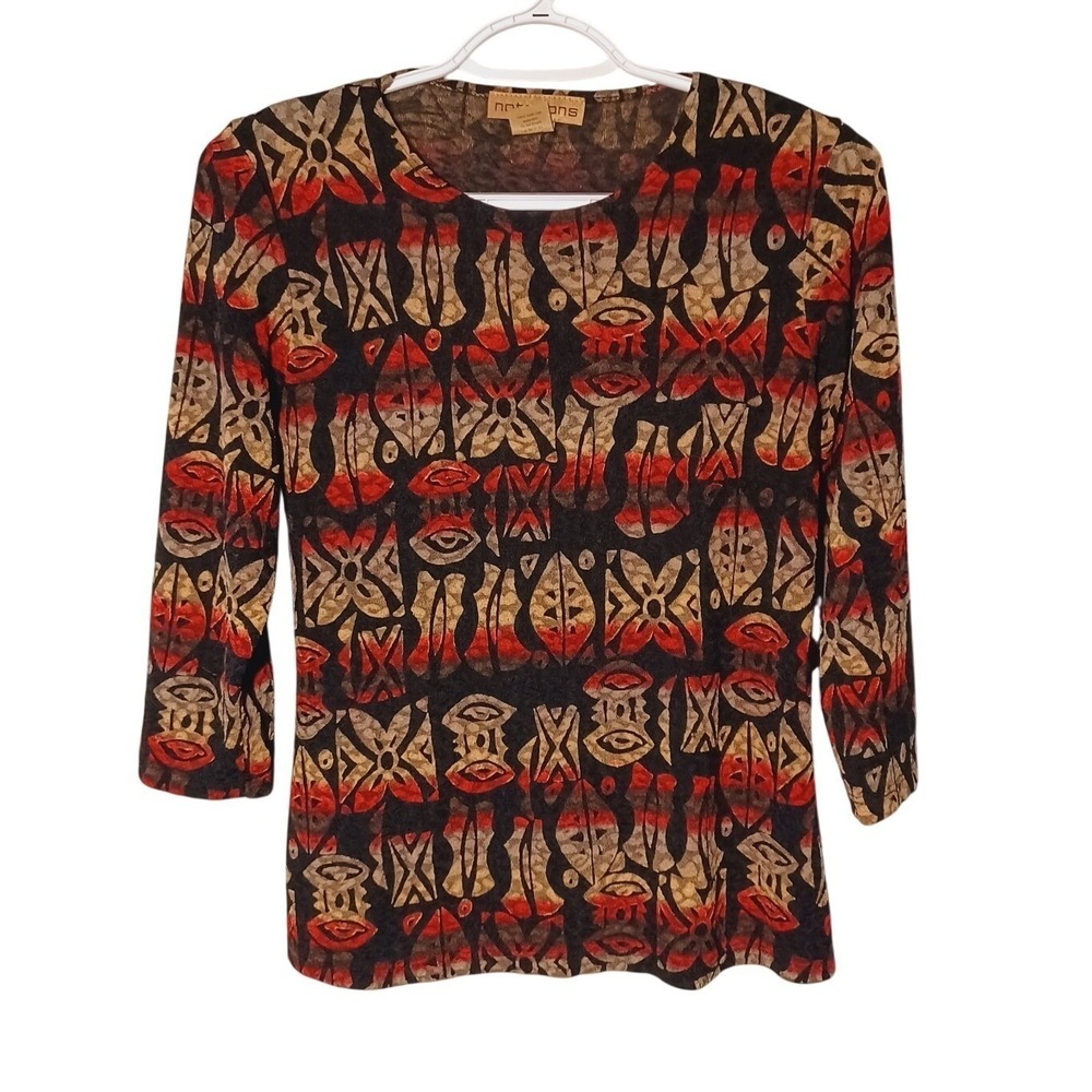 Notations Womens Red Black Tribal Abstract Print 3/4 Sleeve Top Size M MFKU0007